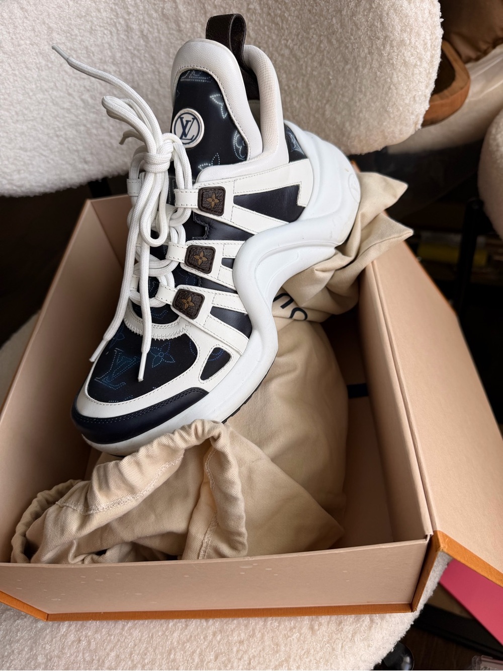 Louis Vuitton White and Navy Women's Sneaker with Monogram Accents